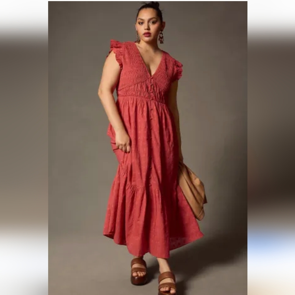 Anthropologie Red smoked ruffle midi dress size 1X